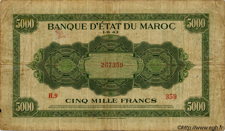 5000 Francs MOROCCO  1943 P.32 VG