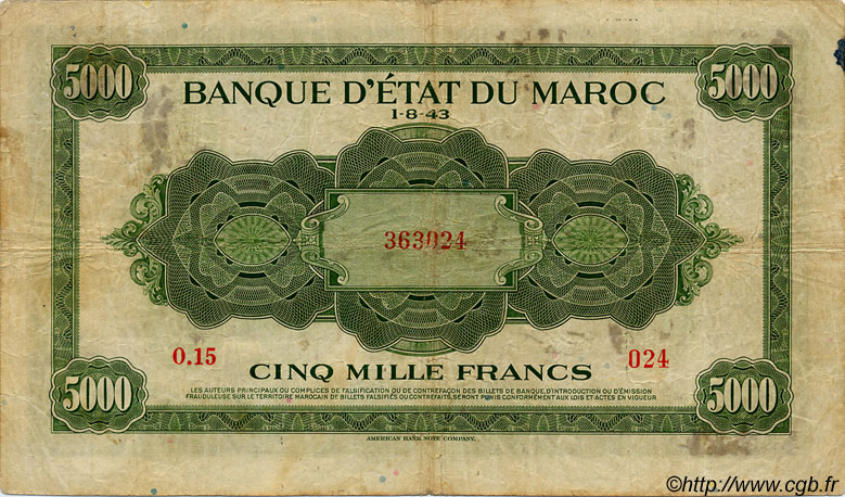 5000 Francs MOROCCO  1943 P.32 F