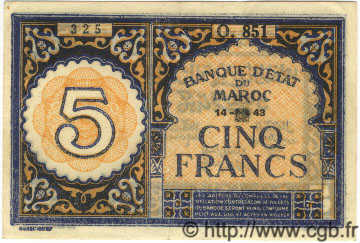 5 Francs MAROKKO  1943 P.33 VZ