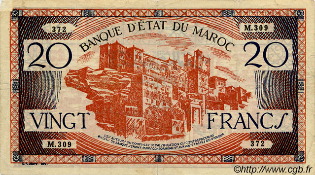 20 Francs MOROCCO  1943 P.39 VF