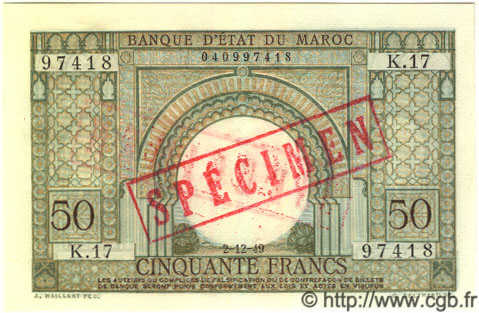 50 Francs Spécimen MAROCCO  1949 P.44s FDC
