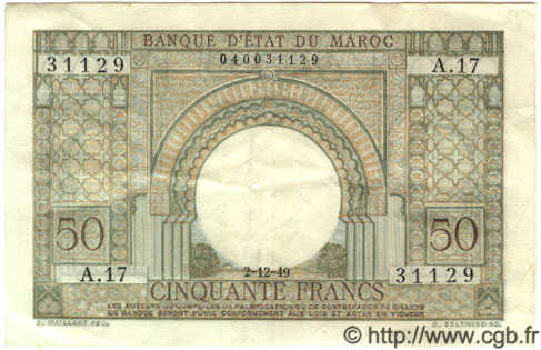 50 Francs MOROCCO  1949 P.44 VF