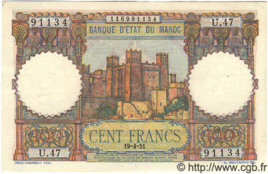100 Francs MAROKKO  1951 P.45 fST+