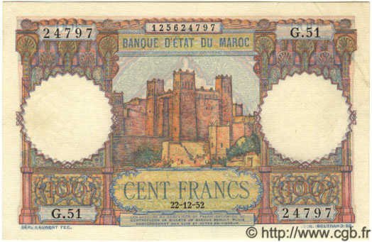 100 Francs MAROKKO  1952 P.45 VZ+