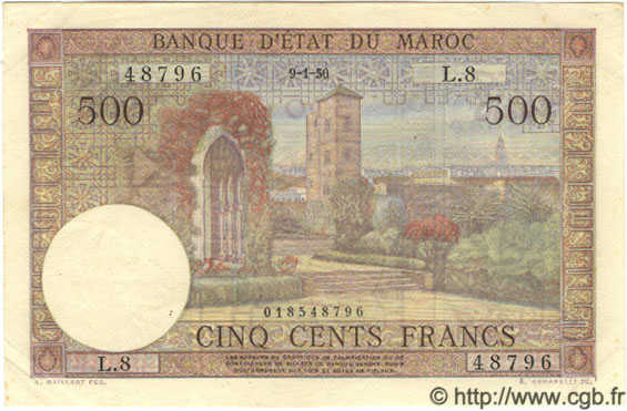 500 Francs MOROCCO  1950 P.46 XF