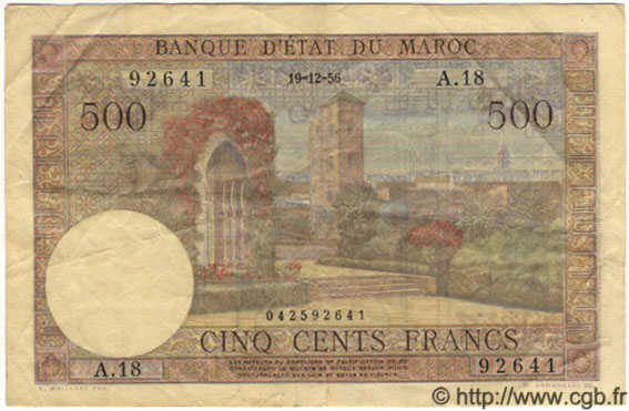 500 Francs MARUECOS  1956 P.46 MBC