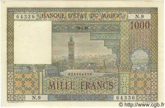 1000 Francs MAROKKO  1952 P.47 VZ