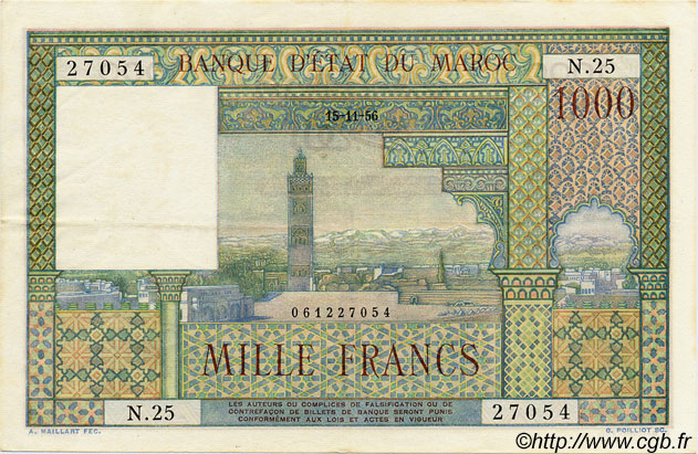 1000 Francs MAROKKO  1956 P.47 fVZ