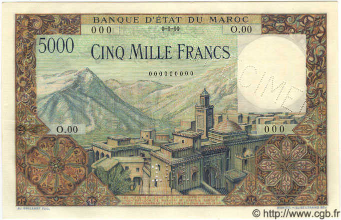 5000 Francs Spécimen MOROCCO  1955 P.49s AU+