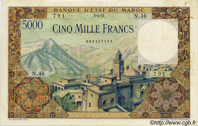 5000 Francs MARUECOS  1953 P.49 MBC+