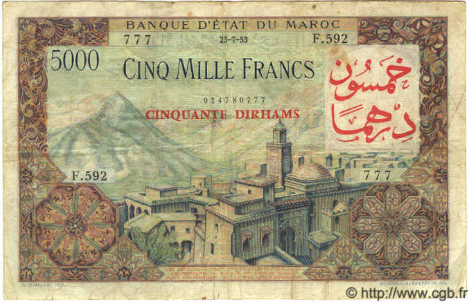 5000 Francs / 50 Dirhams MAROKKO  1953 P.51 fS
