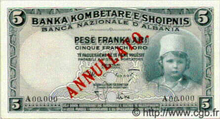5 Franka Ari Spécimen ALBANIA  1926 P.02s UNC