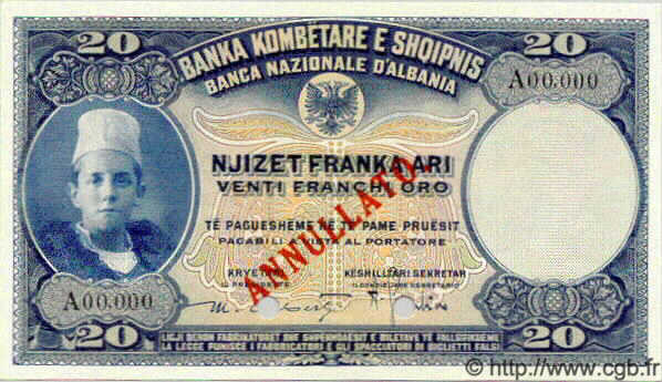 20 Franka Ari Spécimen ALBANIA  1926 P.03s UNC