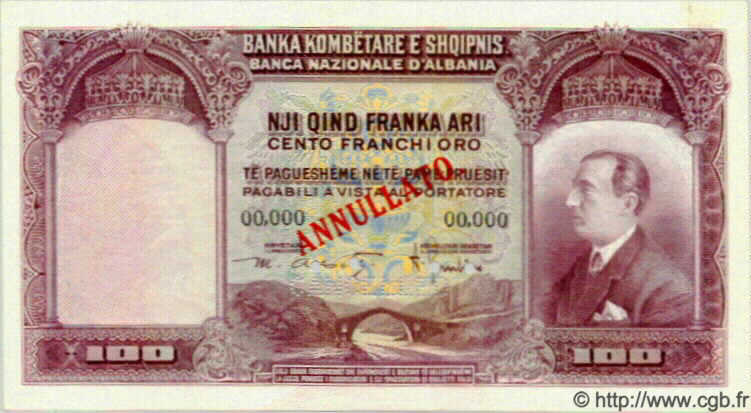 100 Franka Ari Spécimen ALBANIA  1926 P.04s q.FDC