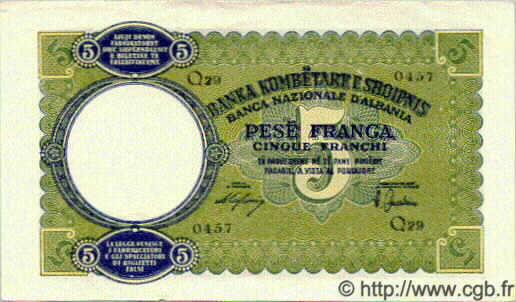 5 Franga ALBANIEN  1939 P.06 fST