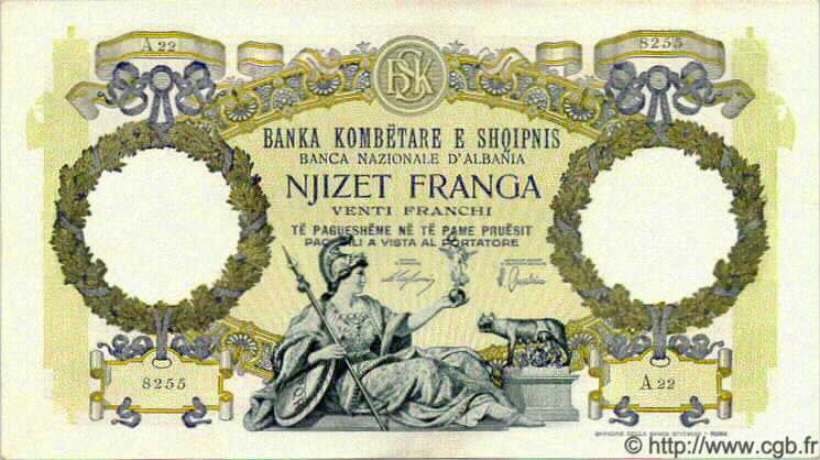 20 Franga ALBANIA  1939 P.07 EBC+