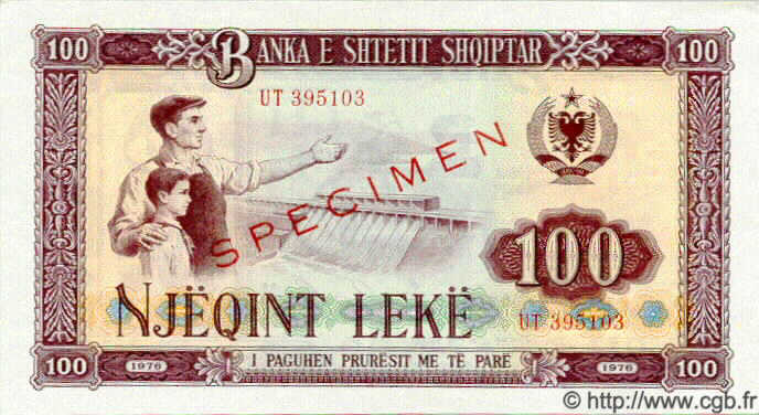 100 Leke Spécimen ALBANIA  1976 P.46s FDC