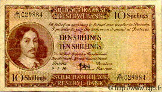 10 Shillings SOUTH AFRICA  1956 P.090c VF