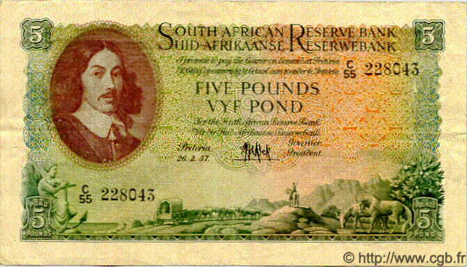 5 Pounds SOUTH AFRICA  1957 P.091b VF+