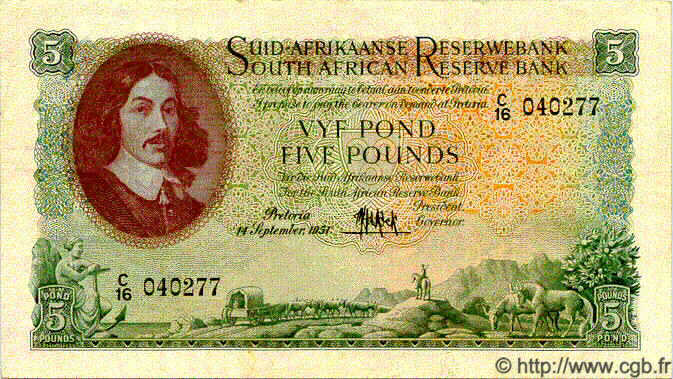 5 Pounds SUDAFRICA  1951 P.096a q.SPL