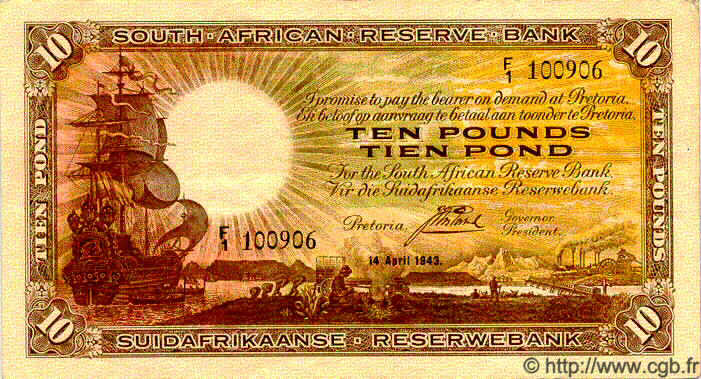 10 Pounds SOUTH AFRICA  1943 P.087 VF