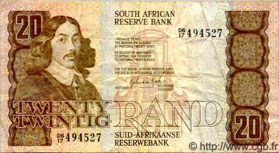 20 Rand SOUTH AFRICA  1990 P.121b F - VF
