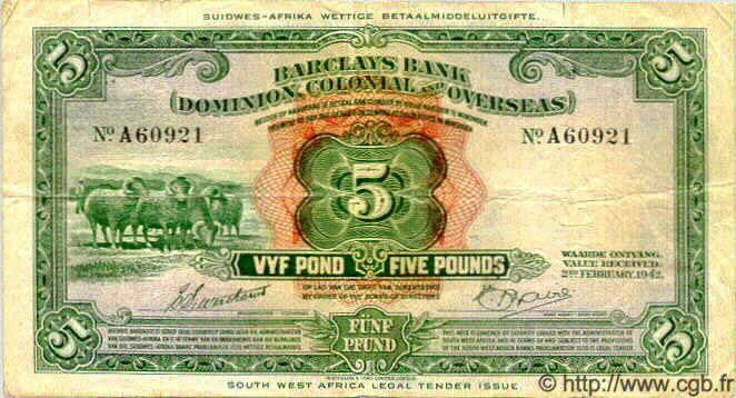 5 Pounds SOUTH WEST AFRICA  1942 P.03a fSS