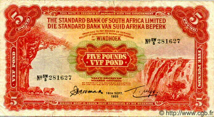 5 Pounds SOUTH WEST AFRICA  1955 P.12a BC+
