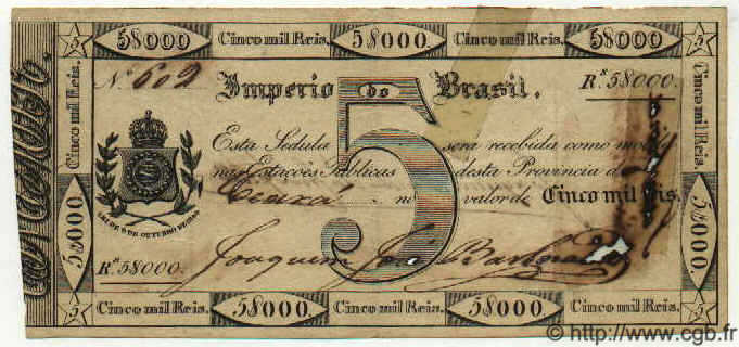5 Mil Reis BRAZIL  1833 P.A153 VF