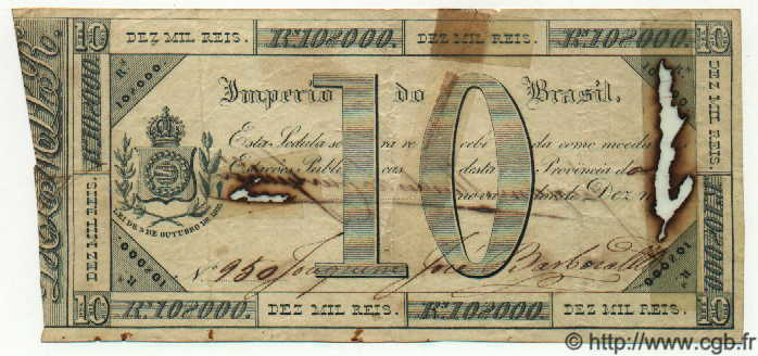 10 Mil Reis BRAZIL  1833 P.A154 F