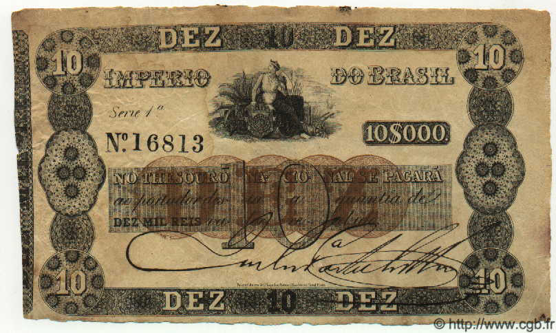10 Mil Reis Faux BRAZIL  1867 P.A231x VF