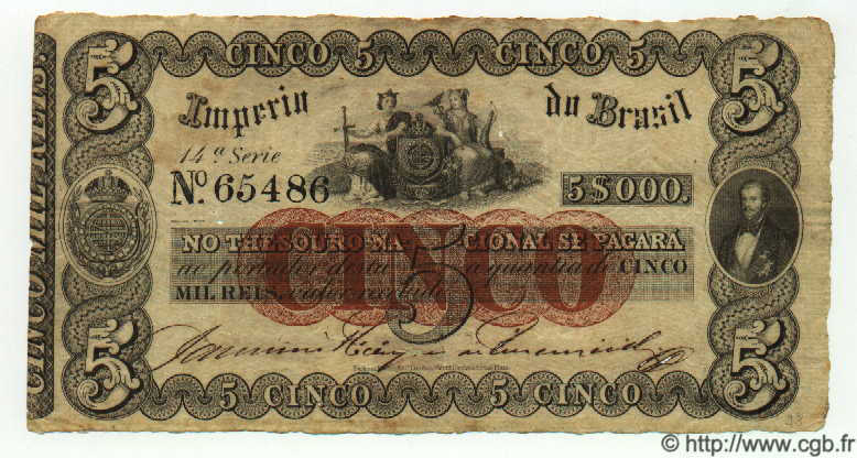 5 Mil Reis BRAZIL  1868 P.A237 VF-