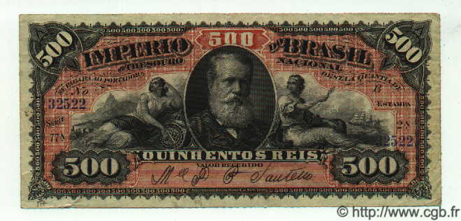 500 Reis BRAZIL  1880 P.A243b VF