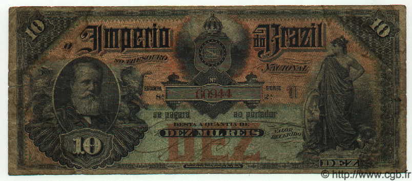 10 Mil Reis BRAZIL  1885 P.A262 VG