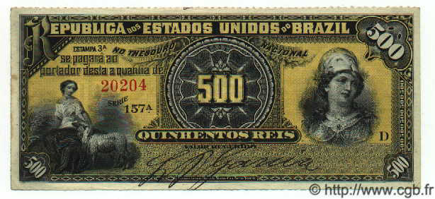 500 Reis BRASILIEN  1893 P.001a VZ