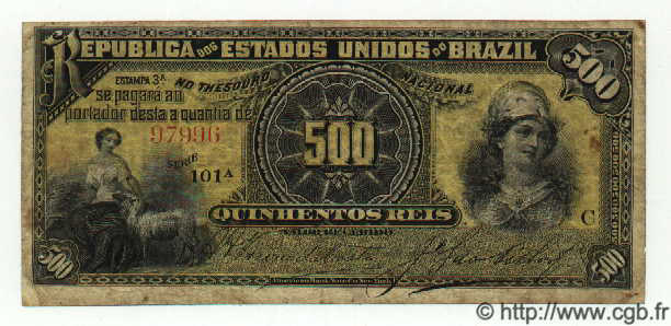 500 Reis BRAZIL  1893 P.001b F+