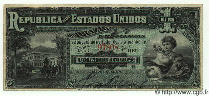 1 Mil Reis BRAZIL  1891 P.003a XF-