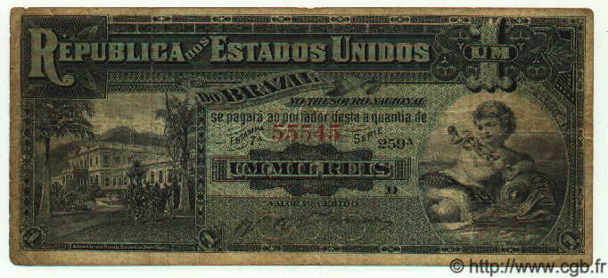 1 Mil Reis BRAZIL  1891 P.003c F