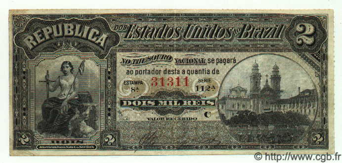2 Mil Reis BRAZIL  1890 P.010b F+