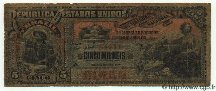 5 Mil Reis BRASILIEN  1890 P.018 fS