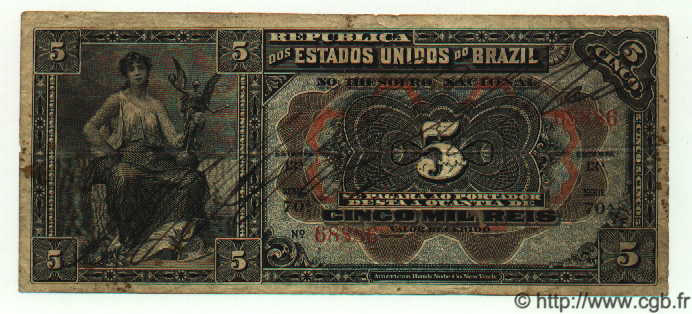 5 Mil Reis BRASIL  1909 P.022 BC a MBC