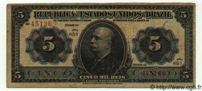 5 Mil Reis BRAZIL  1913 P.024 F