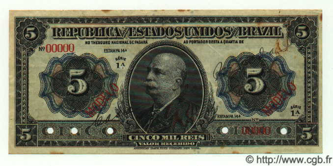 5 Mil Reis Spécimen BRASILIEN  1913 P.024 fVZ
