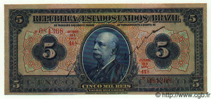 5 Mil Reis BRAZIL  1925 P.029a UNC-