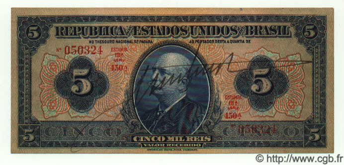 5 Mil Reis BRAZIL  1925 P.029b UNC-