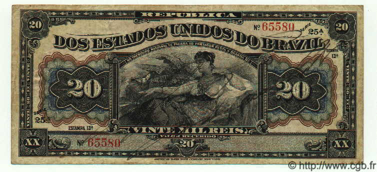 20 Mil Reis BRAZIL  1912 P.045 VF-
