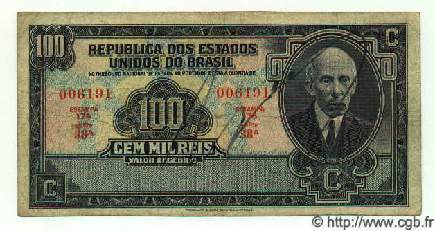 100 Mil Reis BRAZIL  1936 P.071 F - VF