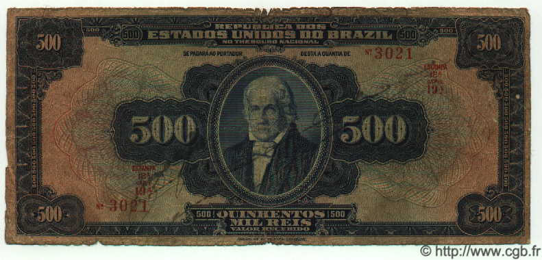 500 Mil Reis BRAZIL  1919 P.089 VG