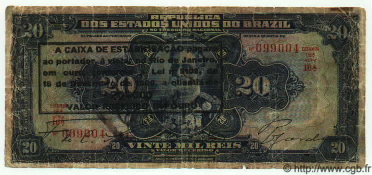 20 Mil Reis BRAZIL  1926 P.109B G