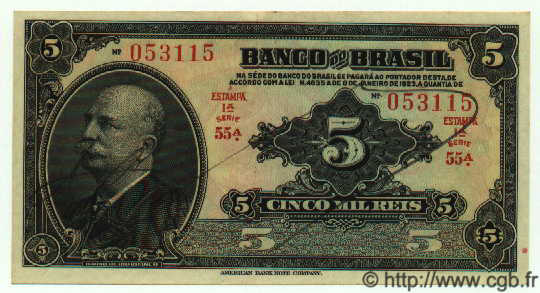 5 Mil Reis BRAZIL  1923 P.112 AU